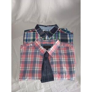 2 Men's XL Plaid Classic Button Up Short Sleeve Collared Shirts Academia Office